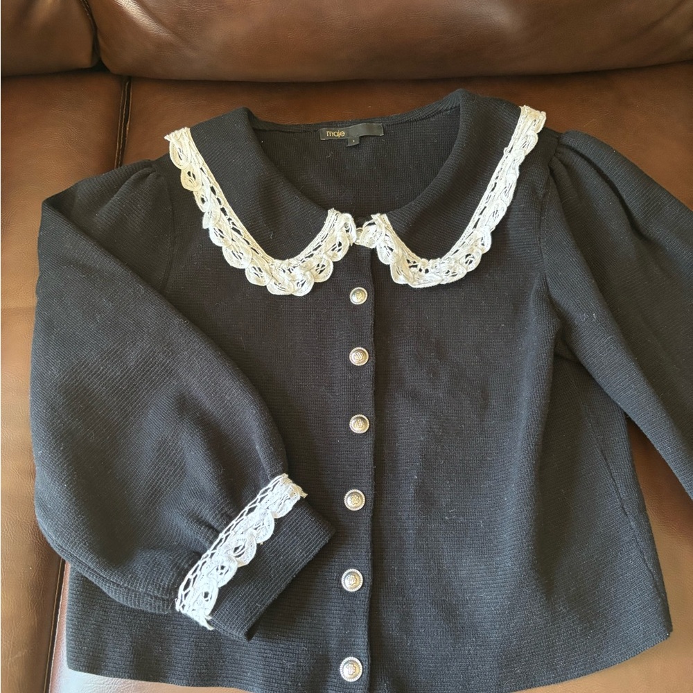 Maje Black and White Button Down Shirt with Lace Trim